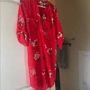 New York & Company Red Floral Long Sleeve Dress